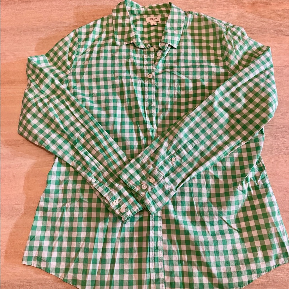 J. Crew Green and White Checkered Casual Shirt